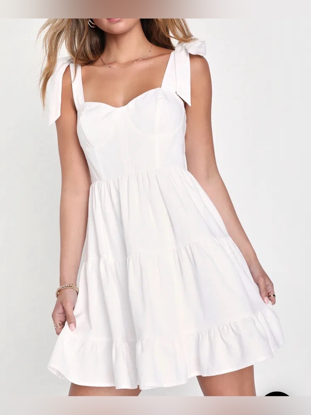 Tier-ly Delightful White Tie-Strap Tiered Bustier Mini Dress